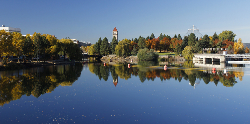 A lake with trees and buildings in the background.